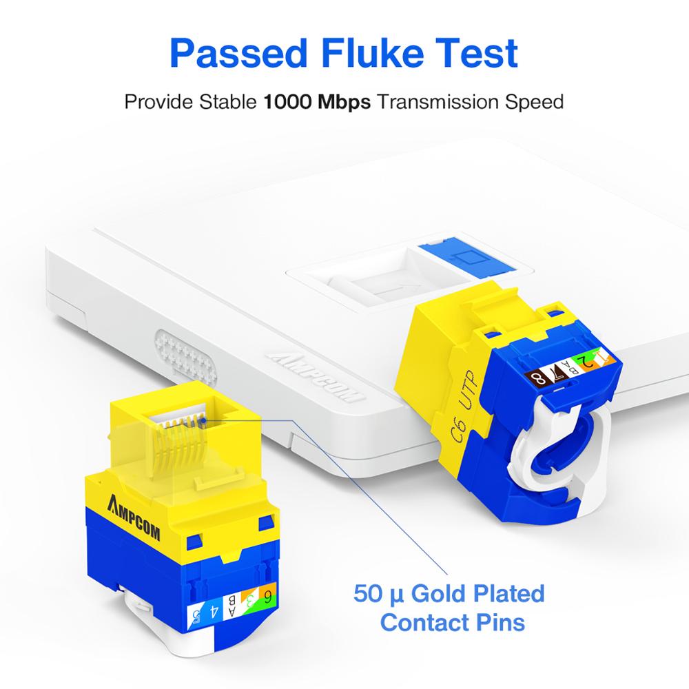 AMPCOM-conector de piedra angular sin herramienta CAT6 RJ45, herramienta sin agujeros, módulo UTP amarillo, paquete de 10 Uds.