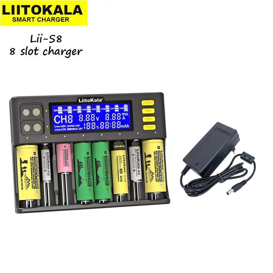 Liitokala lii -500 lii -202 lii -500s lii -s8 lii -600 lcd 3.7v 18650 18350 18500 21700 14500 26650 aa nimh litiumakkulaturi: Lii -s8 ja sovitin
