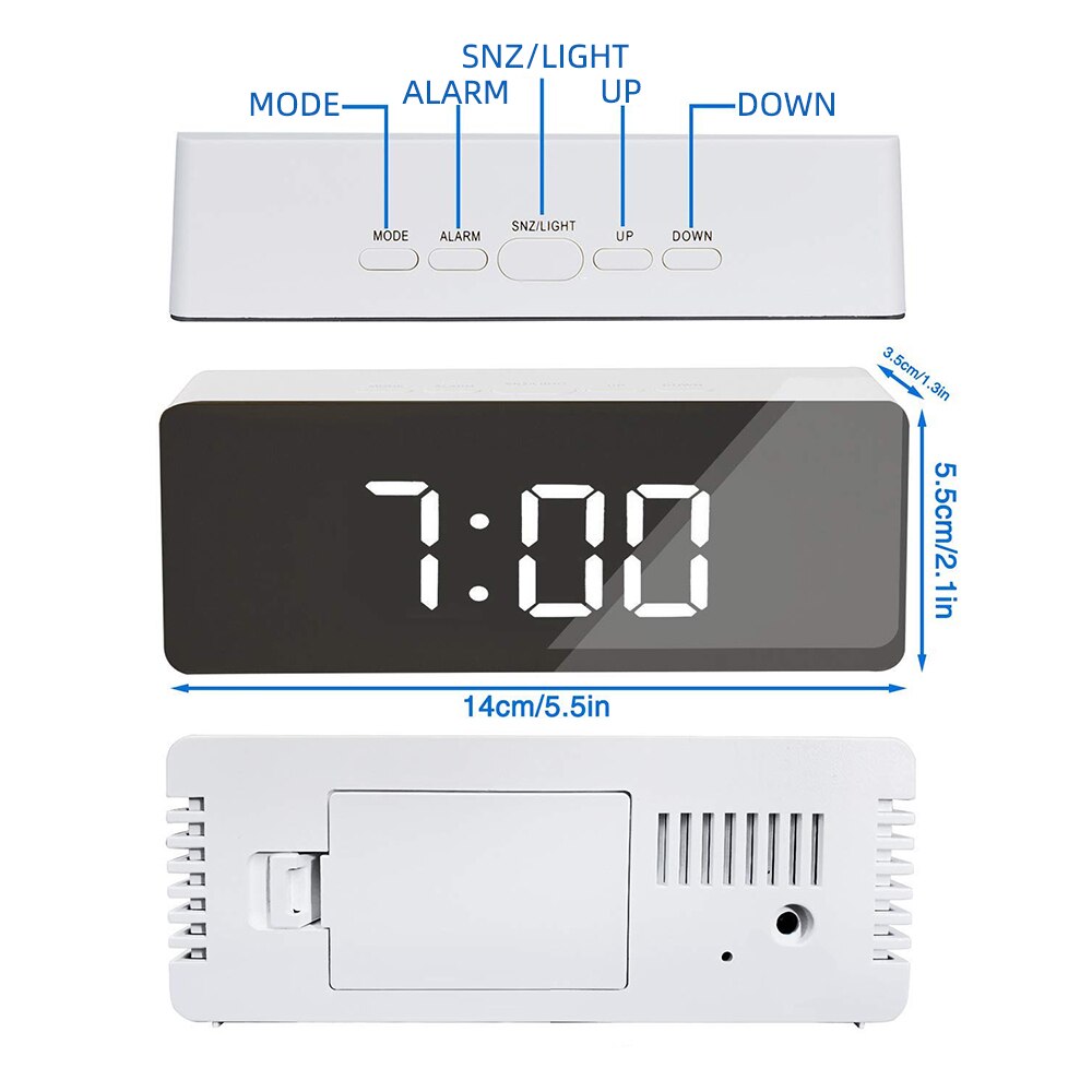 Ledet digital speilvisning alarmklokke temperaturkalender slumre-funksjon vekkerklokke med usb-skrivebordsklokker