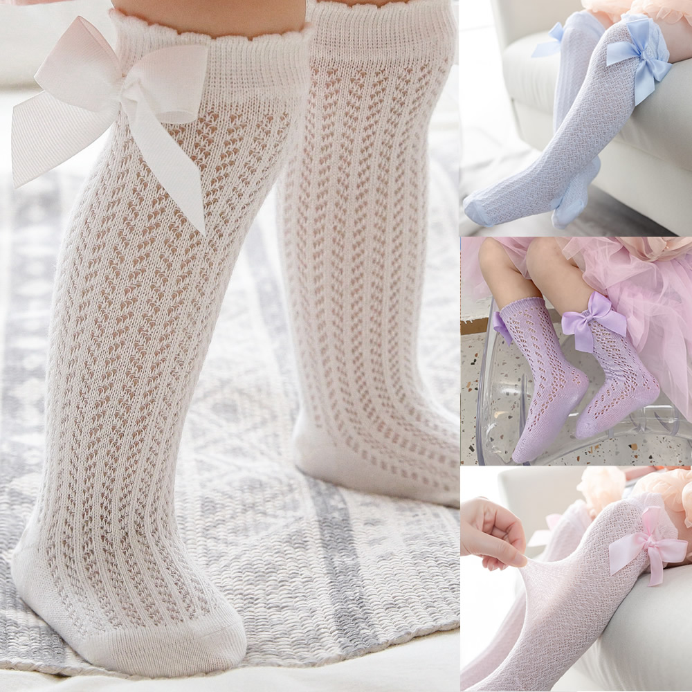 Summer Kids Socks With Bow Baby Girls Long Sock Knee High Cotton Hollow Out Toddlers Socks Mesh Children Princess Sock