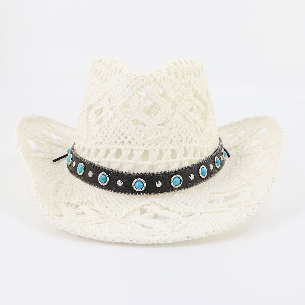 Western Cowboy Strohoed voor Dames Heren Handgeweven Brede Rand Ademend Outdoor Strand Zonbescherming Hoed Sombrero Vaquero: WIT