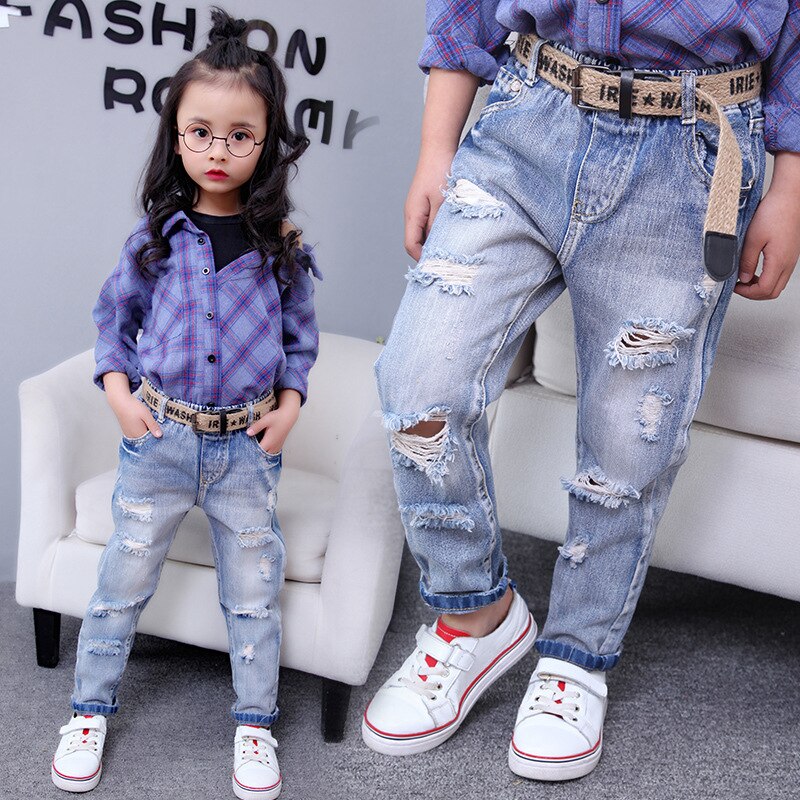 Barn jeans bär trasiga hål jeans baby girl vår och höst långa trasiga byxor denim byxa barn jeans för flickor