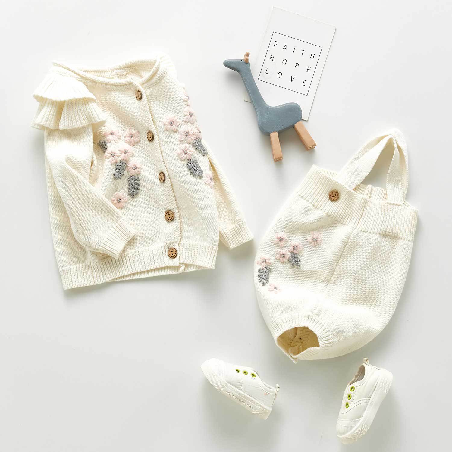 Bébé fille hiver chandails à manches longues mignon couleur vêtements enfant en bas âge filles fleur broderie body 2pc vêtements enfants hauts
