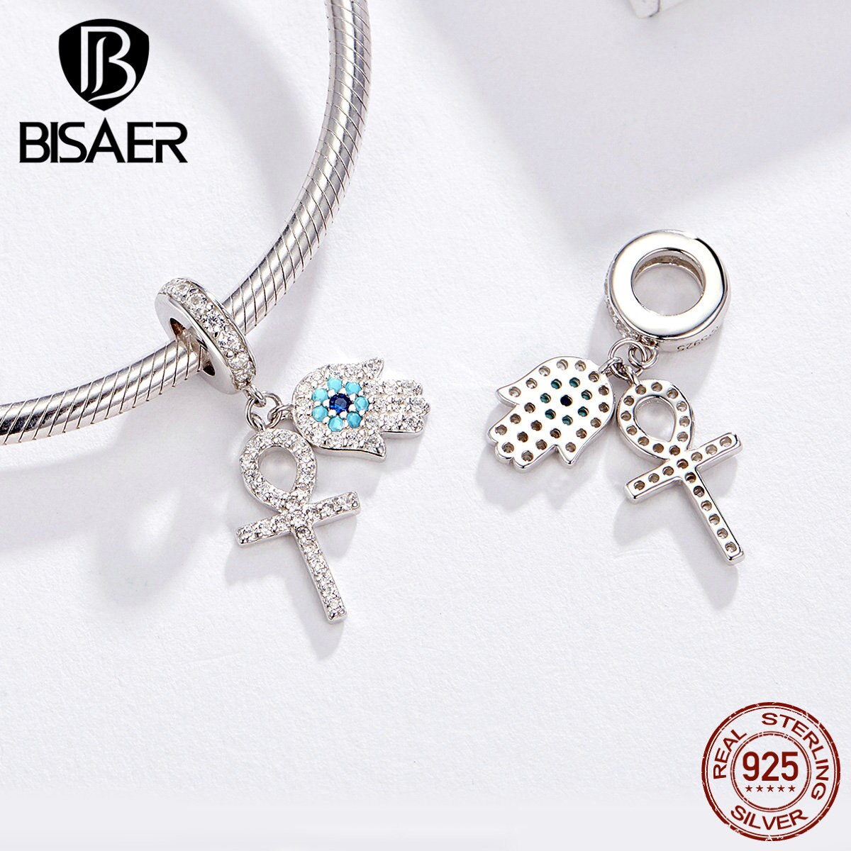 BISAER 925 Sterling Silber Blau Crystals Augen Runde Bead Fatima Hamsa Hand Charme Fit Charme Silber 925 Original Armband Schmuck