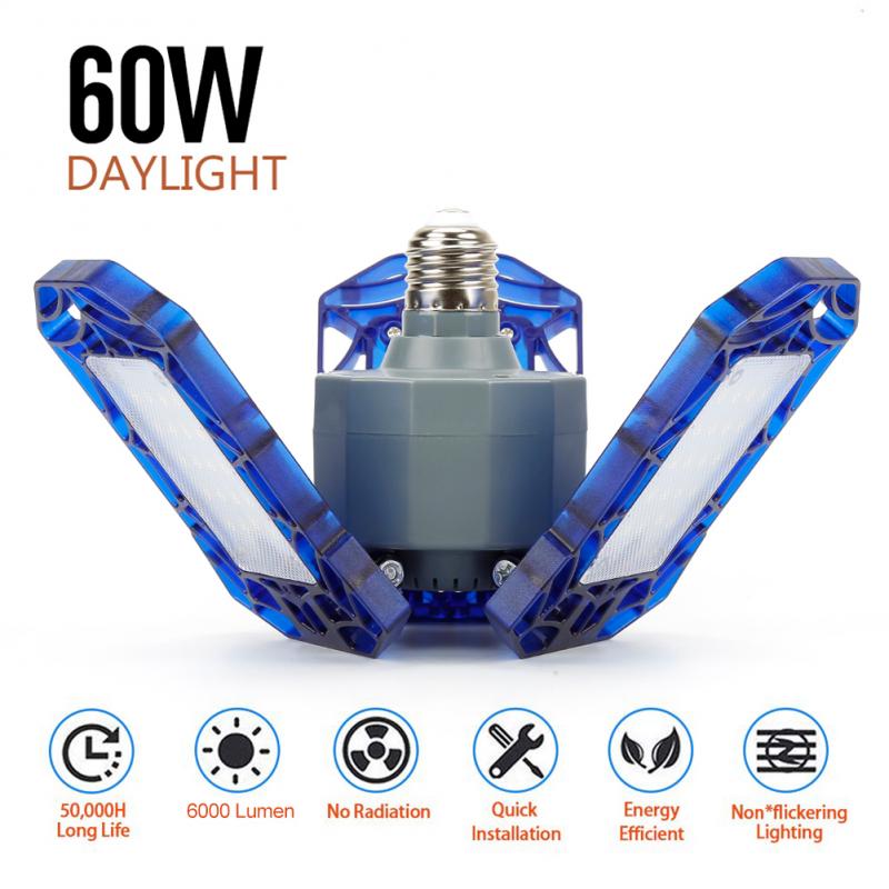 5 Style Deformable Ceiling Light For Home Warehouse Workshop 360 Degrees Three-Leaf Deformation LED Garage Light Folding Lamp: 60W grey blue