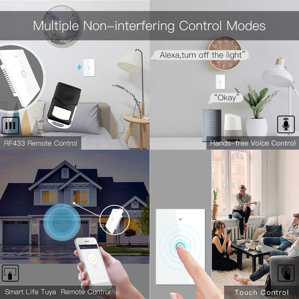 WiFi Smart Light Switch RF433 No Neutral Wire Single Fire Smart Life Tuya App Control Works with Alexa Google Home 110V 220V