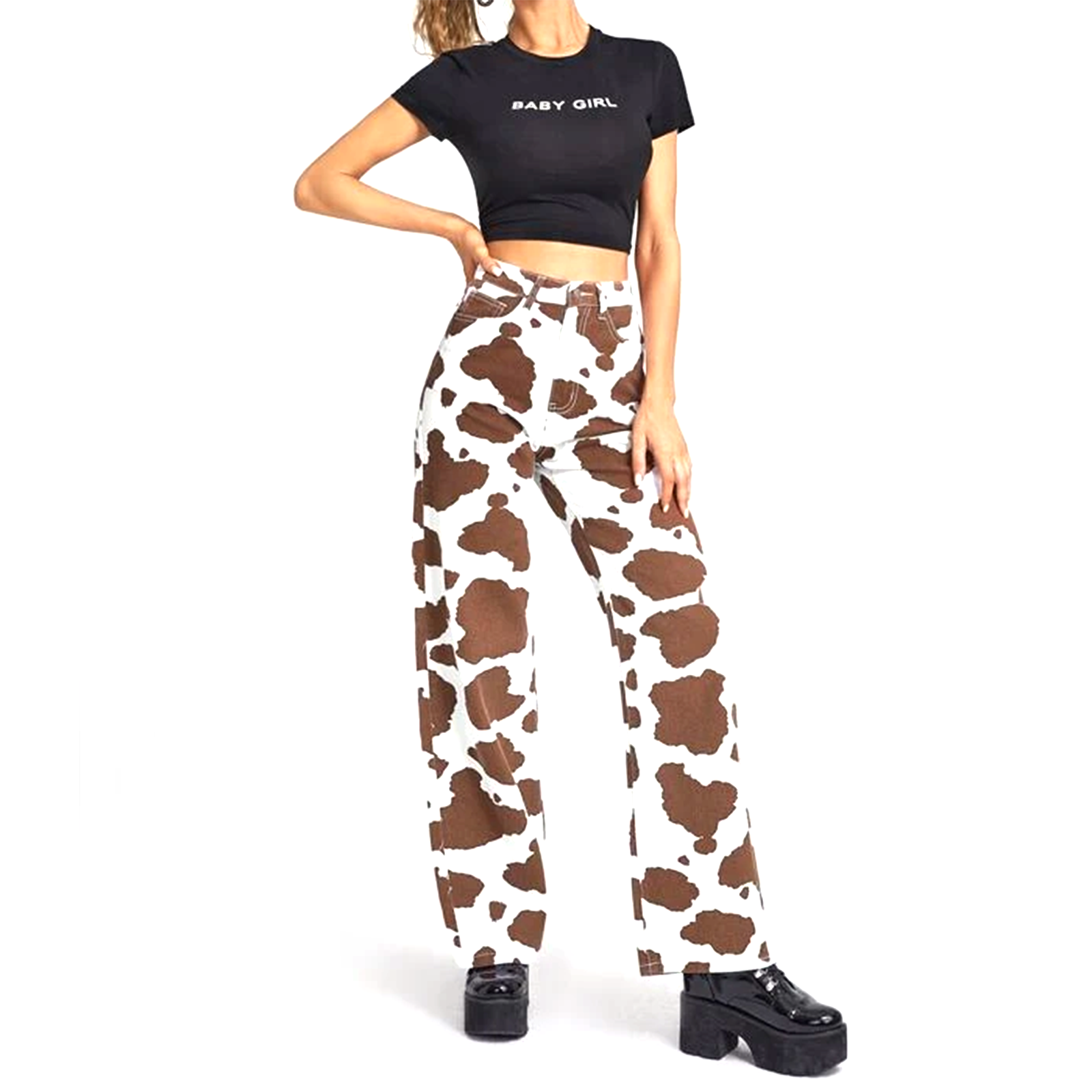 Pantalones vaqueros con estampado de vaca y leche para mujer, vaqueros de cintura alta, ajustados, rectos, informales, Harajuku