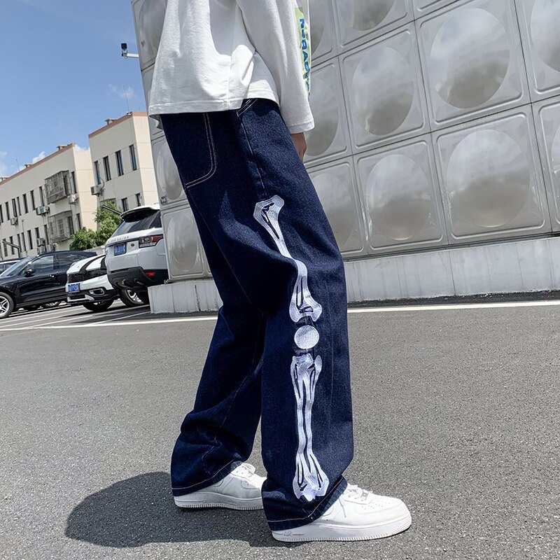 Mænd skelet baggy kausal jeans bukser 2022 japansk streetwear brede ben s mandlige blå vintage denim bukser