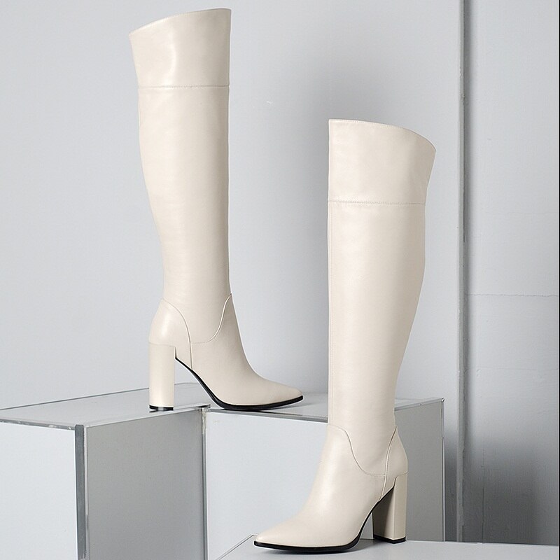 Schoenen Hoge Hakken Herfst Winter Knie Hoge Laarzen Vrouw Wees Teen Landingsbanen Warm Sneeuw Boot Lederen Cowboy Sexy Vrouwen schoenen