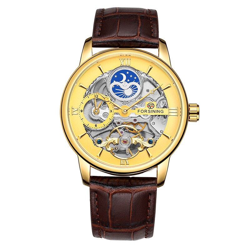 Forsining Klassieke Mode Maanfase Mechanische Horloges Automatische Tourbillon Heren Lederen Horloge Relogio Masculino: Gold