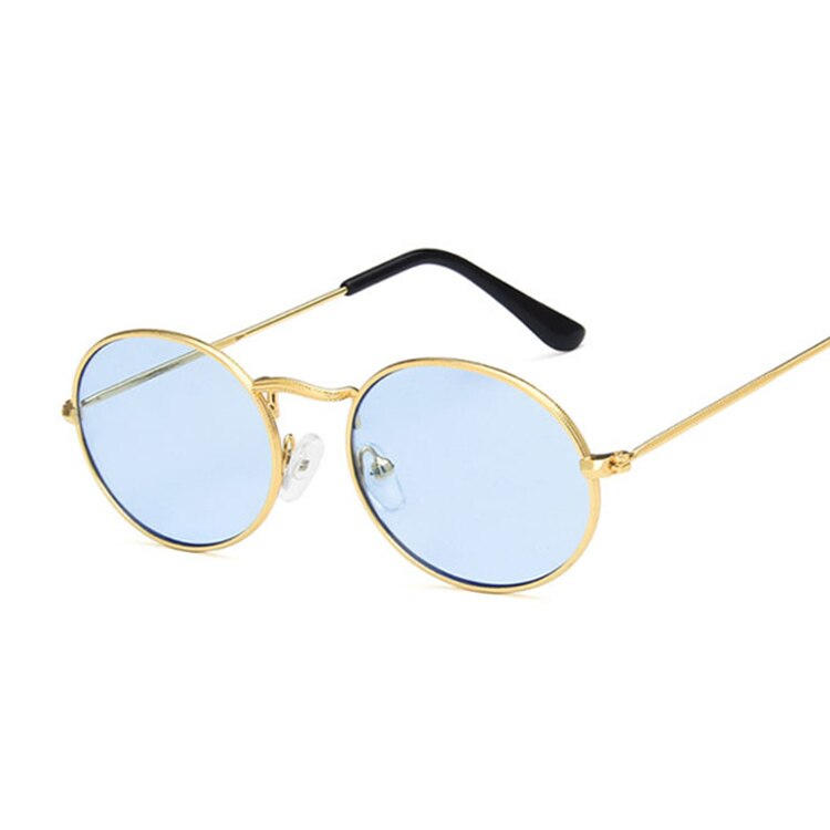 Ovale solbriller dame/mand mærke dame solbriller mandlig metal lille stel vintage punk oculos de sol feminino: Guldblå