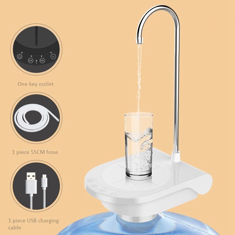 Bottled Water Pumping USB Rechargeable Water Dispenser Household Electric Pure Bucket Water Pressure Wireless Water Pump White