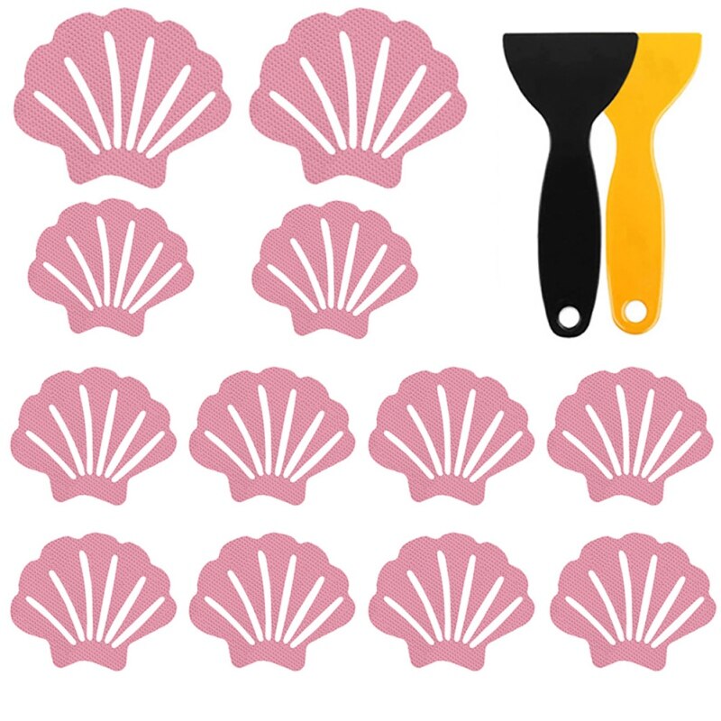 12 pçs antiderrapante banheiro banheira antiderrapante adesivos antiderrapantes com 2pc raspadores chuveiro tira escudo em forma para pisos piscinas escadas escadas: Pink