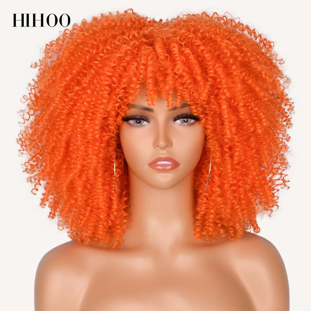 Short Hair Afro Kinky Curly Wigs With Bangs For Black Women Cosplay Lolita Synthetic Natural Blonde White Pink Blue Green Wig: Yellow