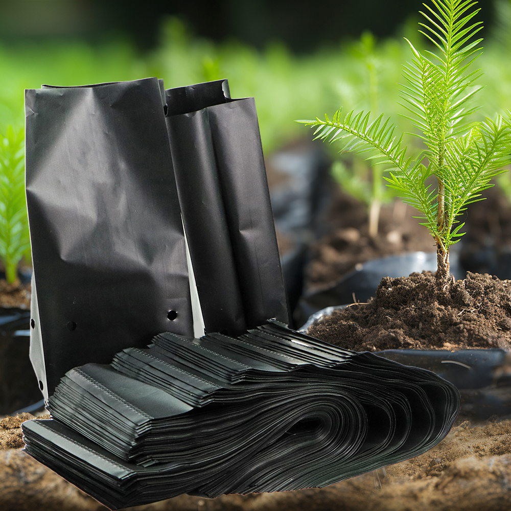 Bolsas de plástico de polietileno para vivero, macetas de cultivo de plantas de tela con agujeros transpirables para cultivo doméstico, suministros de jardinería, color negro, 100 piezas