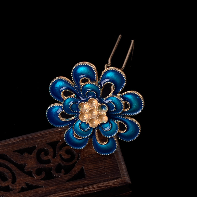 Antiikin orkidea kukka hiuspuikko cloisonne emali luksuskoru sininen hiusneula kiinalainen vintage käsintehdyt hiusneulat: 2