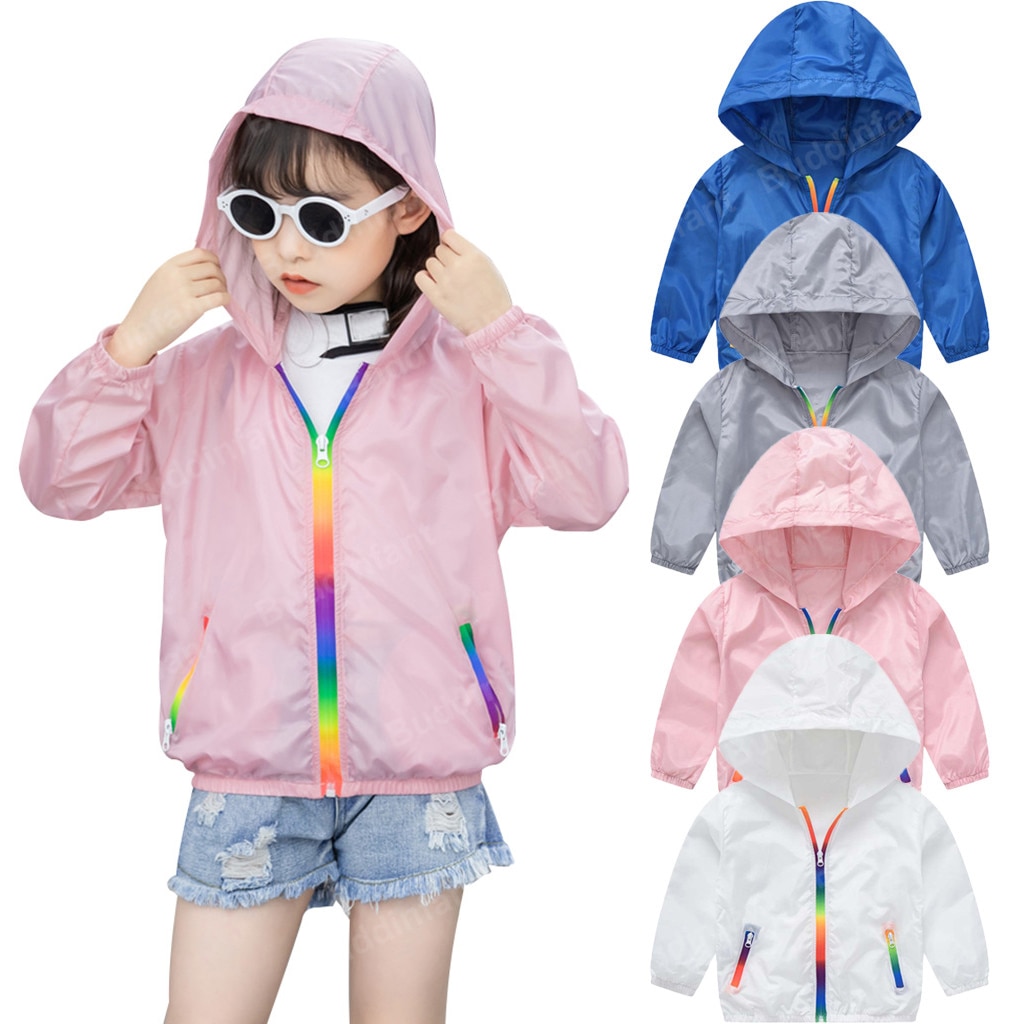 Children Toddler Sunscreen Jacket Thin Breathable light Sun Protective Outdoor Coat Hooded Anti-UV Summer Beach Clothes Rainbow