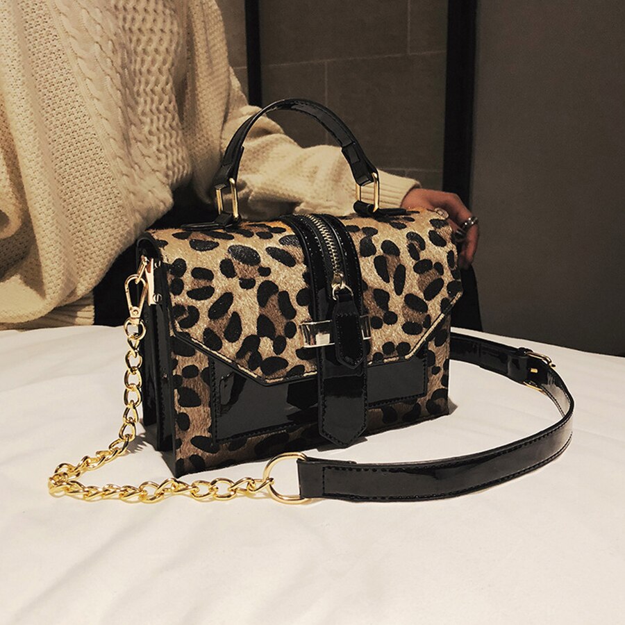 Leopard Crossbody Bags For Women With Zipper Decoration Ladies Chain Handbags And Purses Patent Leather Small Shoulder Bag