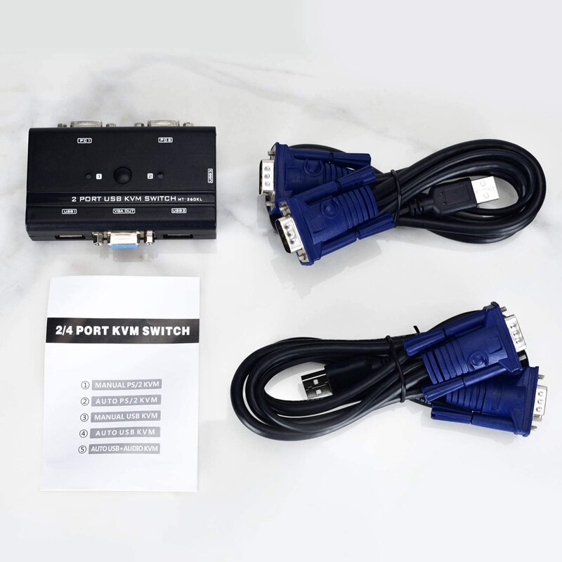 USB VGA KVM Switch with Cables, 2 Port Selector Switcher for 2PC Sharing 1 Video Monitor and 3 USB Devices, Keyboard