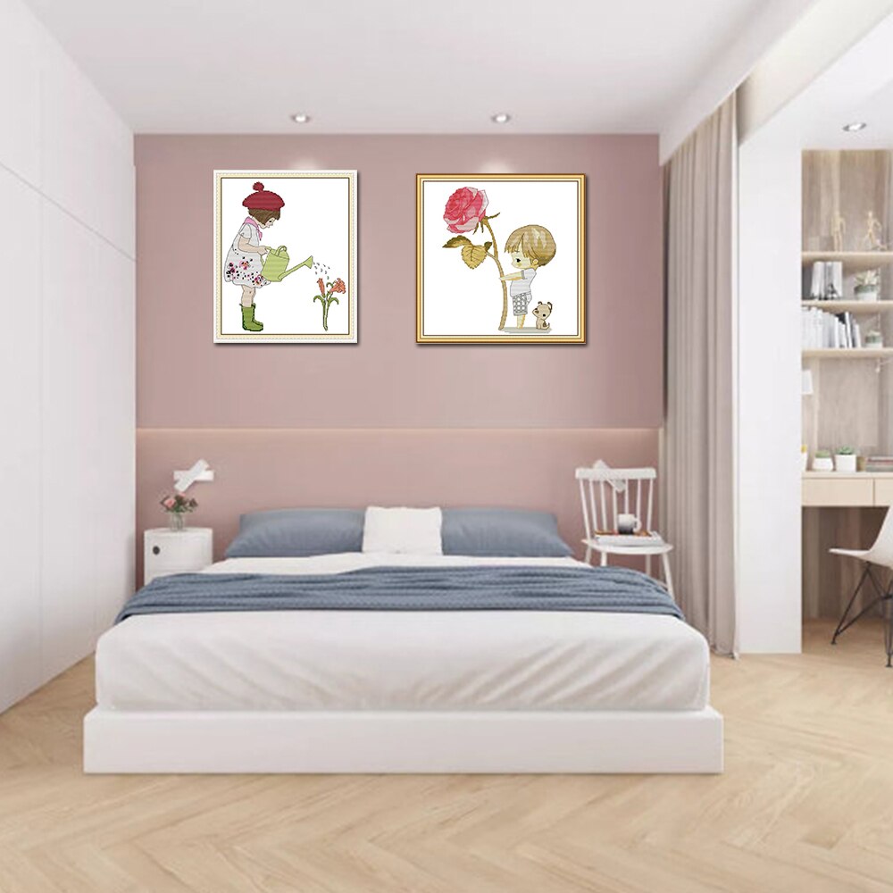 Glæde søndag barn og blomster  ra333 ra335 talte og stemplede boligindretning pige vander blomster dreng og rose korsstingssæt