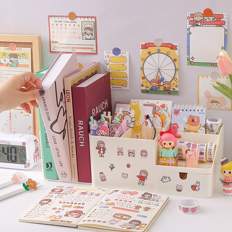 Organizador de escritorio multifuncional Kawaii 3 en 1 para niñas, portalápices, soporte para libros, pegatina de , organizador de papelería escolar, Oficina