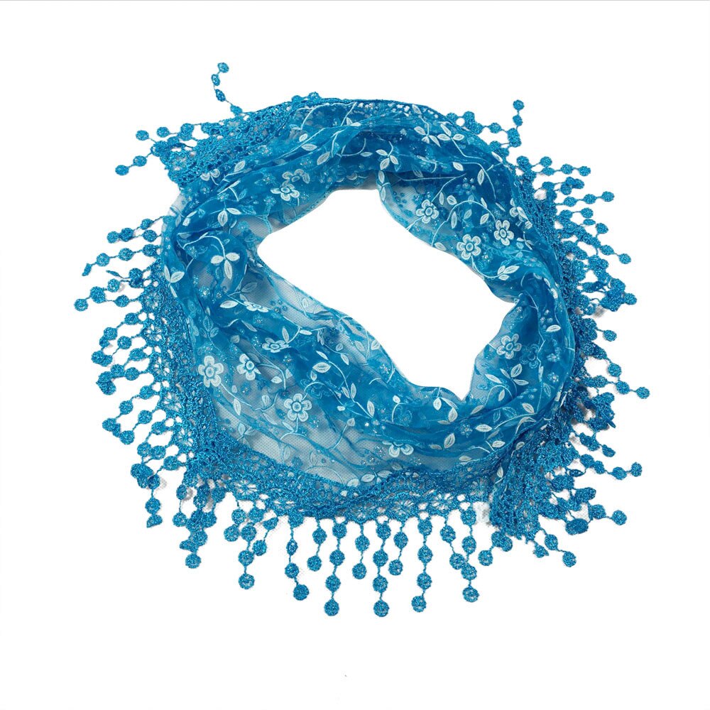 Triangle Women Scarf Lace Floral Summer Beach Tassel Scarves Chiffon Silk Wrap Pashmina Stole Foulard 9M15: Blue