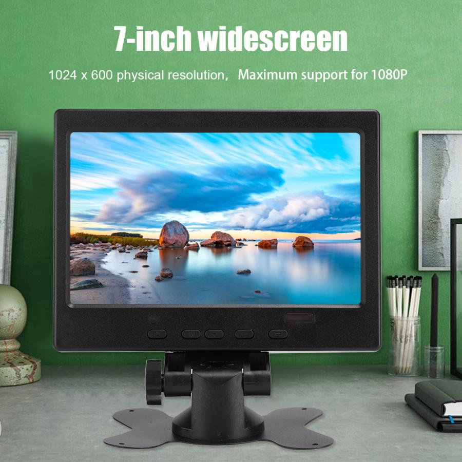 7 Inch Multi-function Monitor 800:1 1024x600 16:9 Display with Stand Support HDMI/VGA/AV Input (100-240V) with Power Adapter