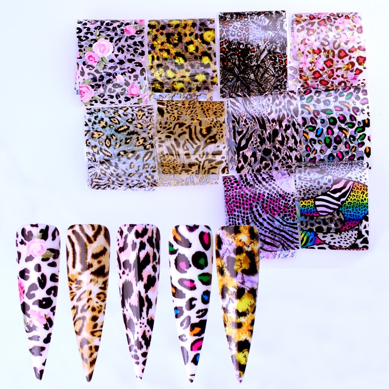 10pcs Nail Foil Polish Stickers Mix Flower Leopard Transfer Foil Nails Decal Sliders For Nail Art Decoration Xmas Designs