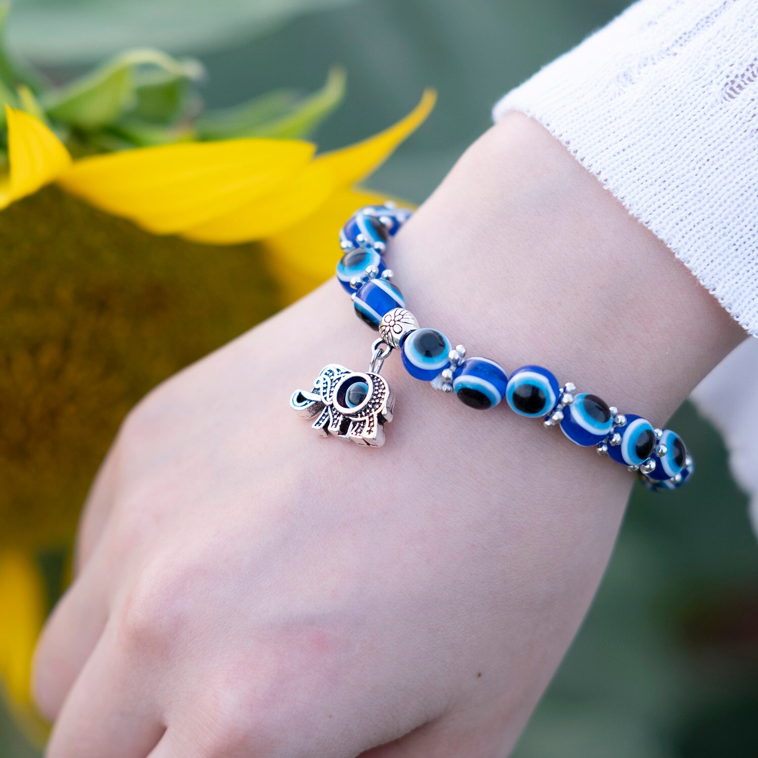 Niebieska bransoletka Evil Eye dla kobiet mężczyzn turecka dłoń wisiorek oczy koraliki Handmade szczęśliwa bransoletka elastyczna regulacja Charm bransoletka: Elephant