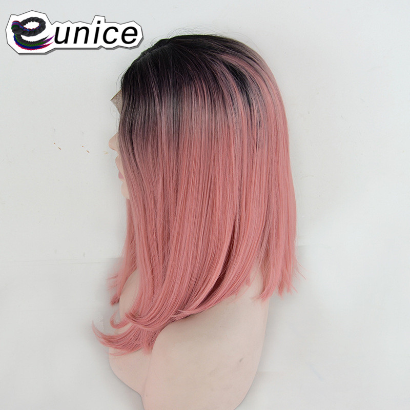 Eunice Hair Synthetic Lace Front Wig Ombre Dark Roots To Pink/Green Color Silky Straight BOB Hairstyle Women Wigs 14" 150density