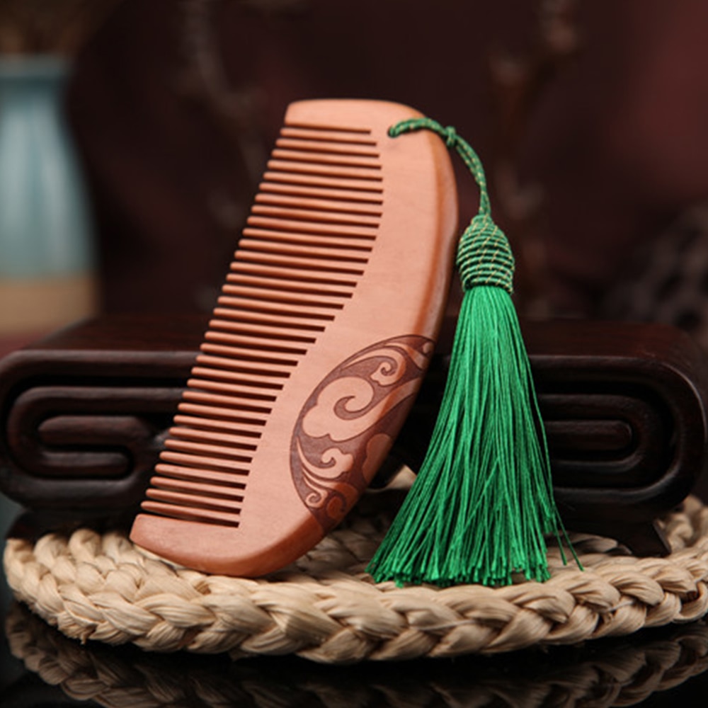 1 pc Natural Vintage Comb Carved Double Fine Anti-static Hair Comb With Tassel Hair Care Wooden Tools Beauty Accessories