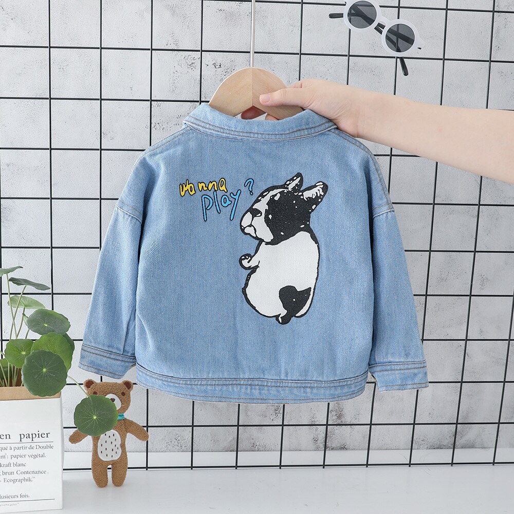 Autumn Baby Boys Cartoon Dog Long Sleeve Lapel Collar Denim Jeans Jacket Children Kids Casual Outerwear Girls Coat casaco