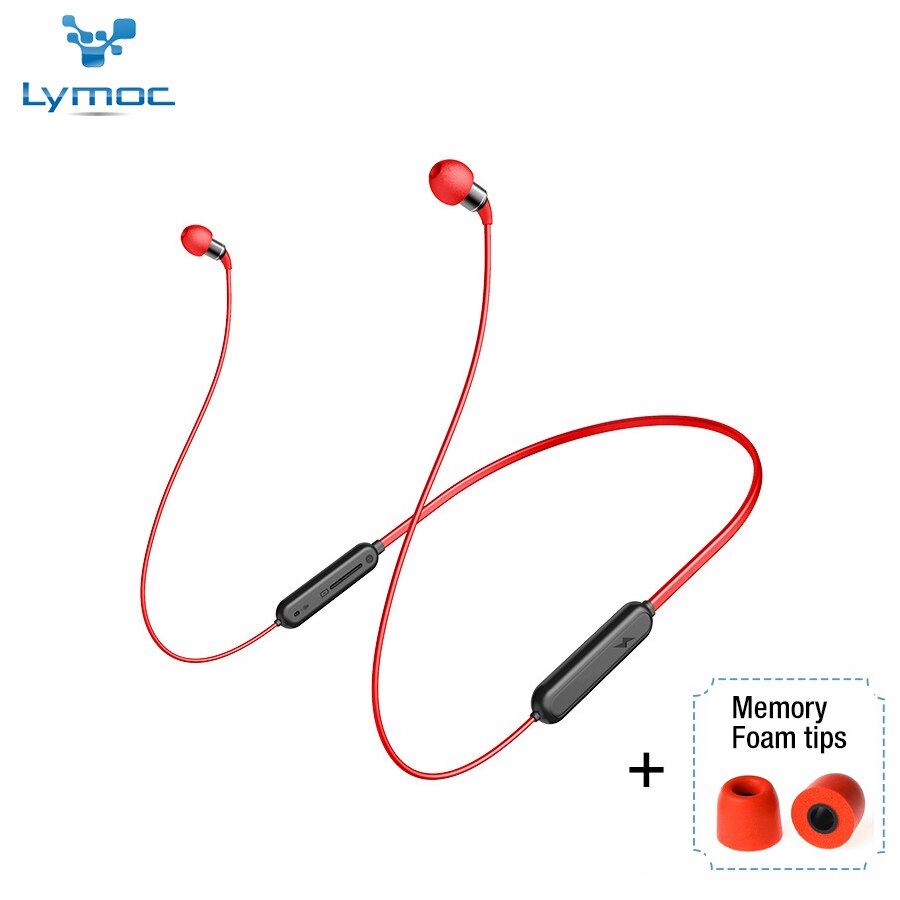 Lymoc A3 Bluetooth 5.0 Headphones - 25H Talk Time - Neckband Sport Earbuds - CVC 6.0 Noise Cancelling - Hifi Stereo HD Mic: Red memory tips
