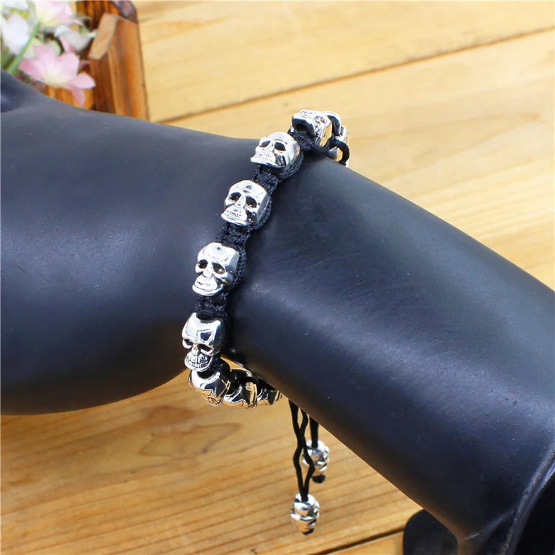Sorriso Crânio Esqueleto Pulseiras Talão Vertente Boho Vintage Antique Banhado A Prata Handmade Woven Rope Artesanato Bijuterias