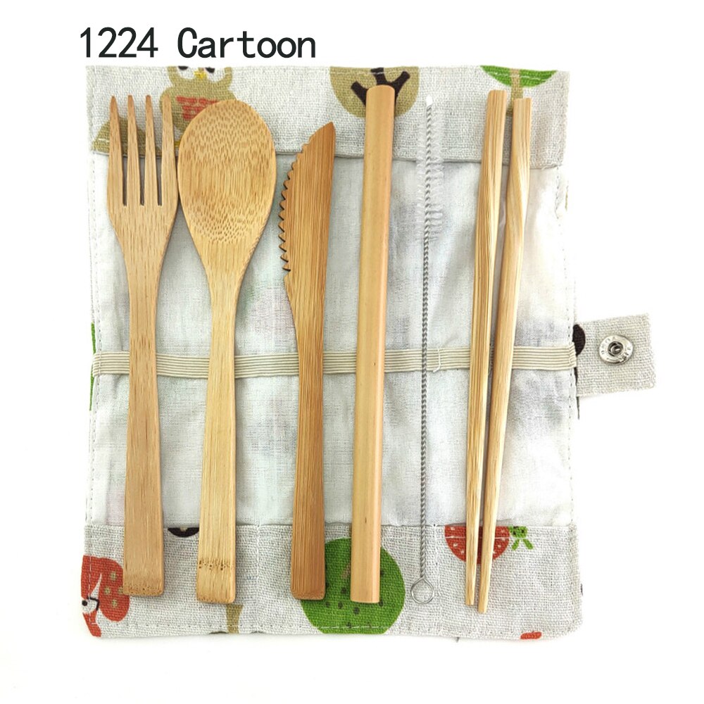 Bamboe Bestek Set Herbruikbare Bestek Set Servies Mes, Vork, Lepel, stro 0 Afval Dinnnerware Camping Reizen Bestek Set: 1224 Cartoon