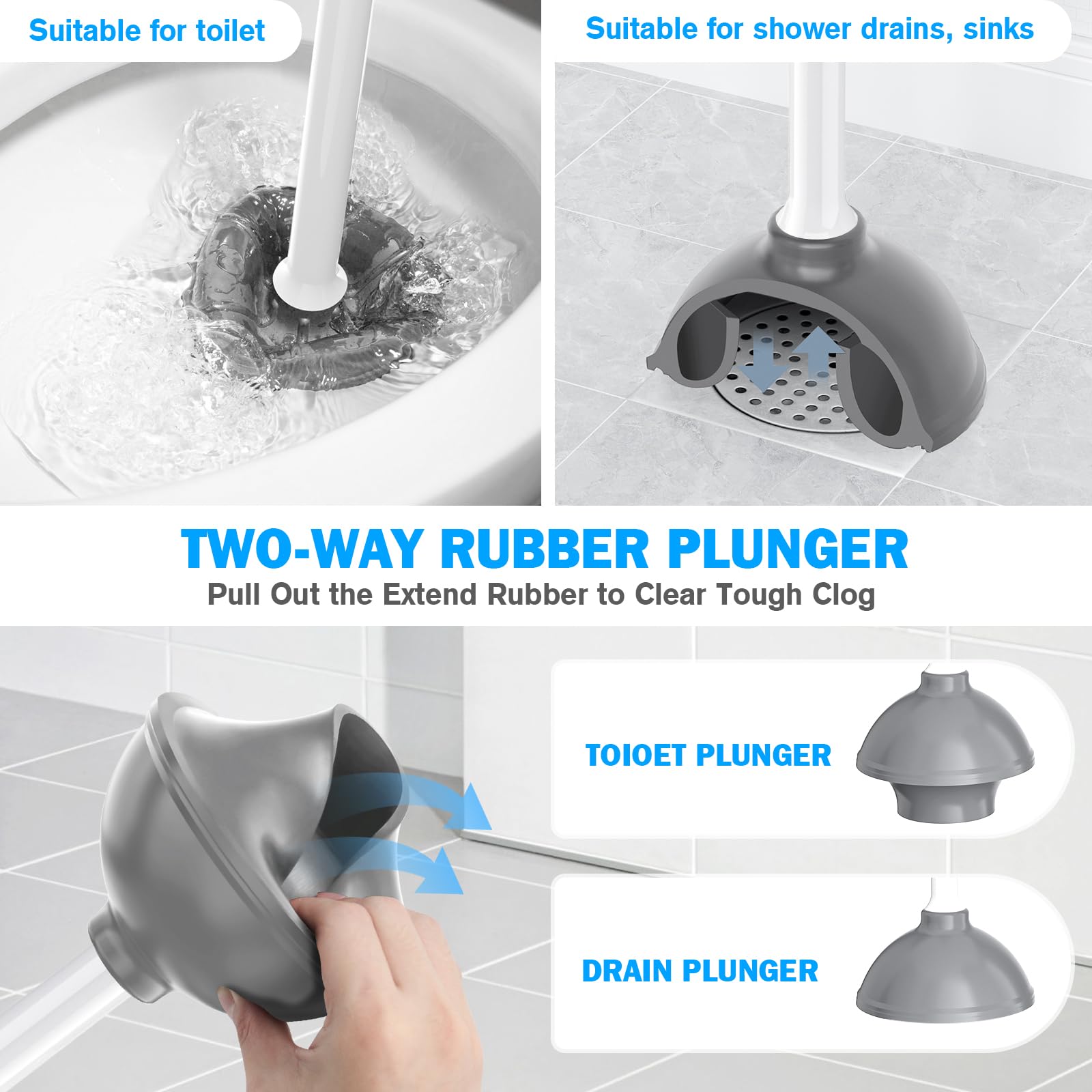 Toiletborstel en ontstopper set , 2 in 1 toiletontstopper voor de badkamer, stevige toiletborstel met houder, verborgen toiletontstopper