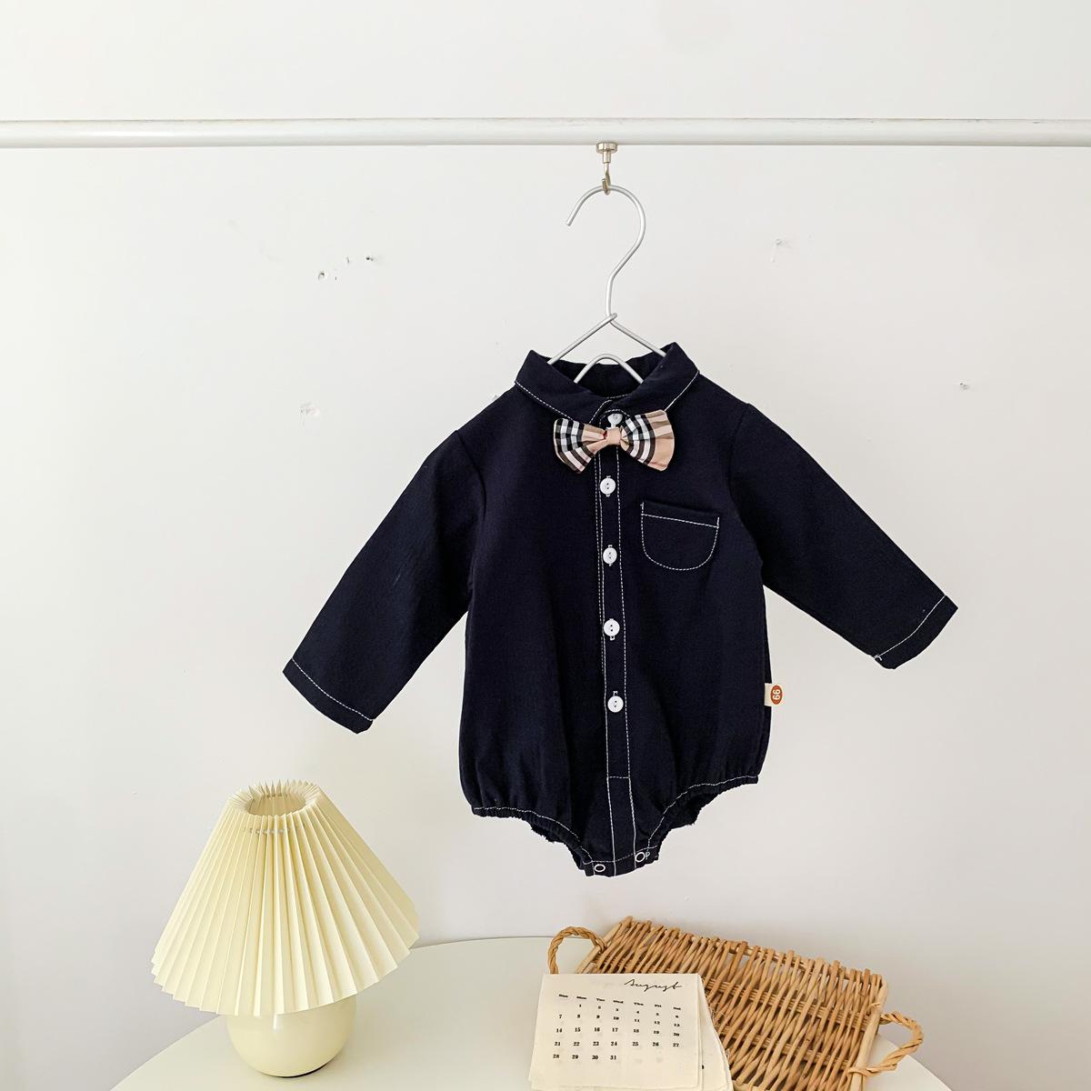 Herfst Winter Baby Pasgeboren Jongen Bow Tie Lange Mouwen Katoenen Kleding Klassieke Baby Kids Eenvoudige Jumpsuit Een Stuk bodysuit: Navy blue / 6M