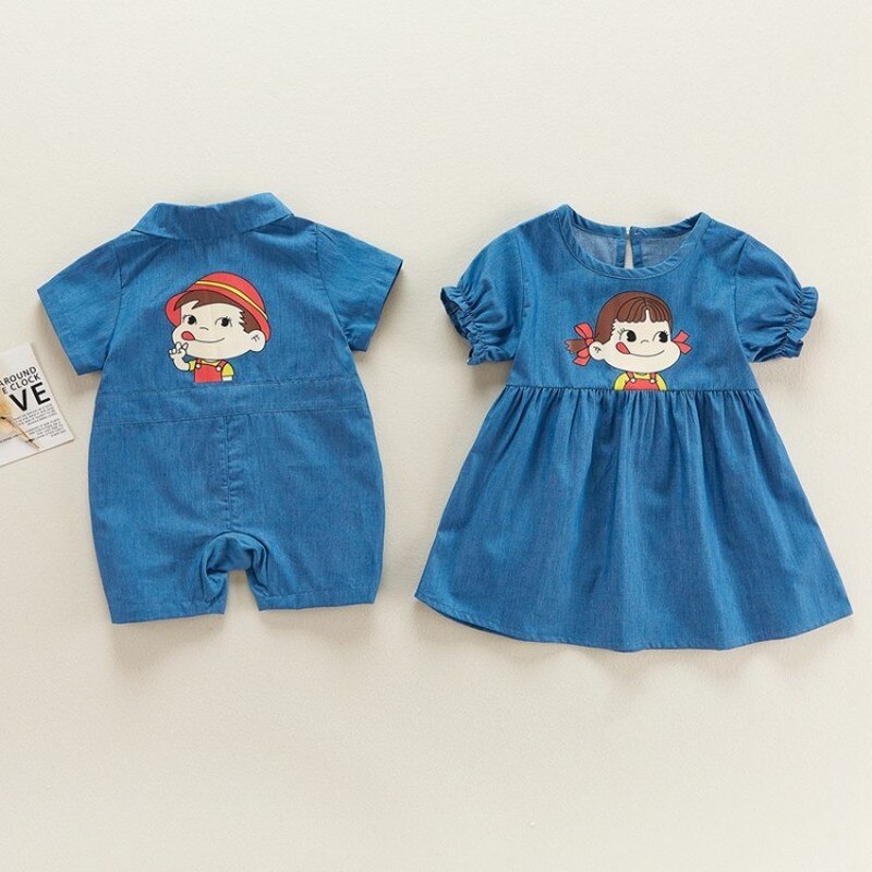 Denim Strampler für Junge und Kleid für Mädchen Karikatur Druck Baby Karosserie Zwilling Outfits Nette Kleidung für Neugeborene Baby dinge