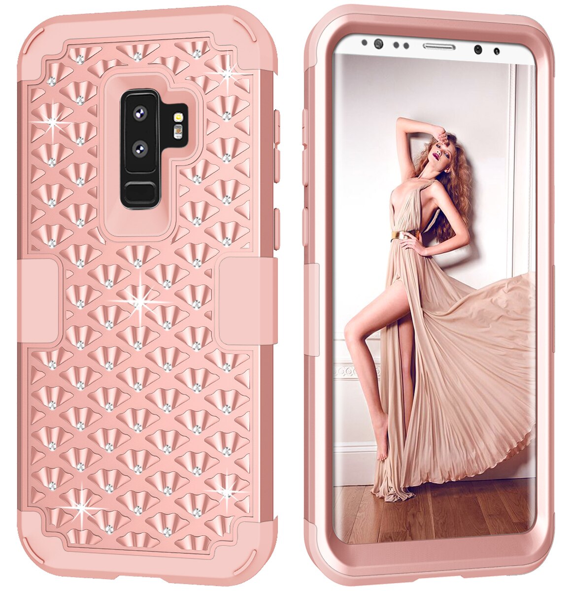 Estuches para Samsung Galaxy S9 Plus, híbrida resistente a golpes con diamantes de imitación brillantes con doble capa de protección contra impactos: For Galaxy S9 Plus / Rose Gold