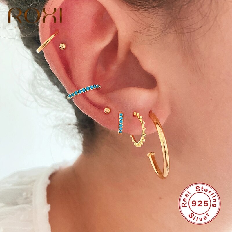 ROXI C Shape Round Beads Stud Earrings for Women Girls Sun Woman Earrings Solid 925 Sterling Silver Jewelry Pendientes