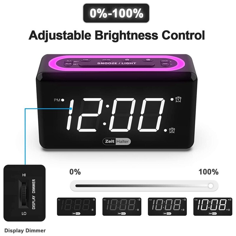 Digital Alarm Clock for Bedrooms - 0-100% Dimmer, Dual Alarm with 7 Color Night Light, Easy to Set, Snooze, USB Chargers