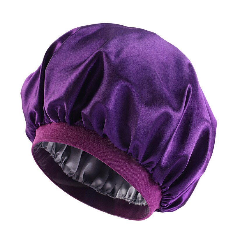 Oversized Double-layer Shower Cap, Stretch Wide-brimmed Satin Night Cap, Turban Cap: Purple