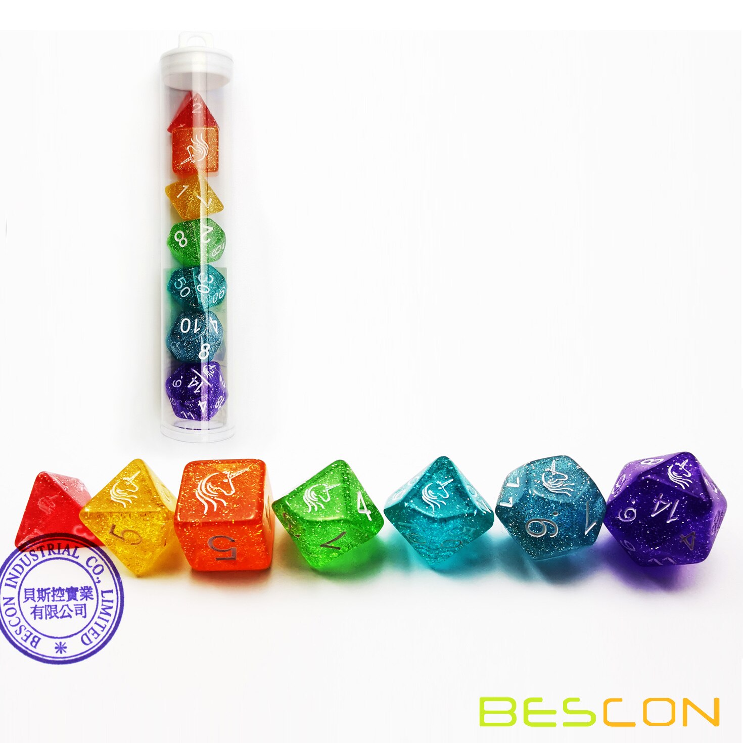 Bescon Unicorns Regenboog Sparkled Polyhedral D &amp; D Dobbelstenen Set Van 7 Kleurrijke Rpg Rol Playing Game Dobbelstenen 7 Pcs set