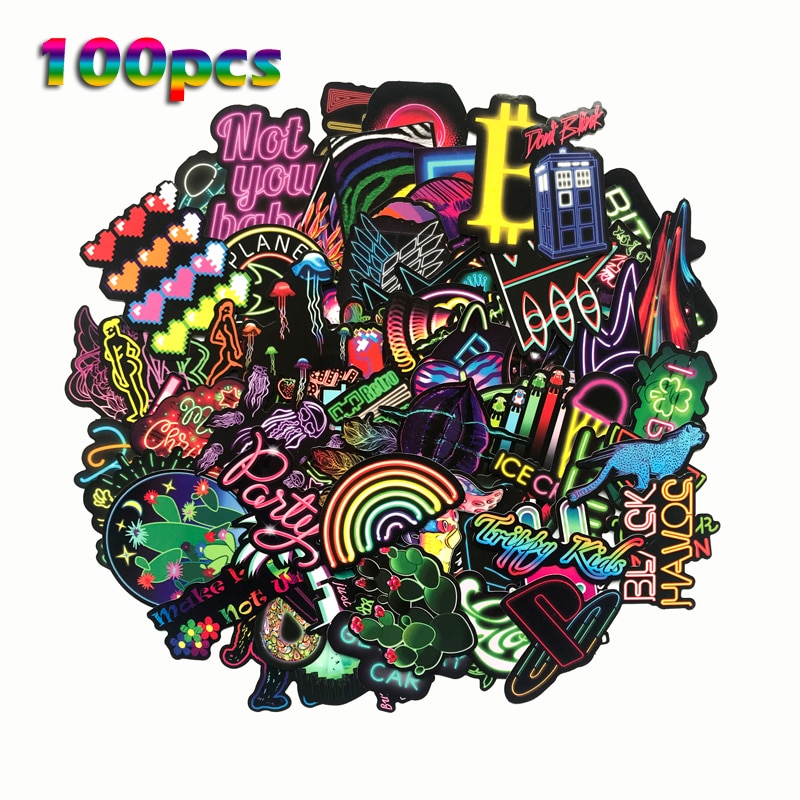 100Pcs Gemengde Grappige Neon Led Light Dazzling Cartoon Waterdicht Stickers Laptop Decal Koelkast Skateboard Doodle Sticker