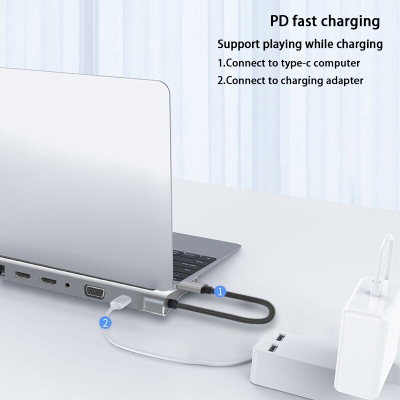 12-en-1 USB type-c Hub à double Hdmi Rj45 Multi USB 3.0 adaptateur d'alimentation Station d'accueil pour ordinateur portable Support Pd Transmission