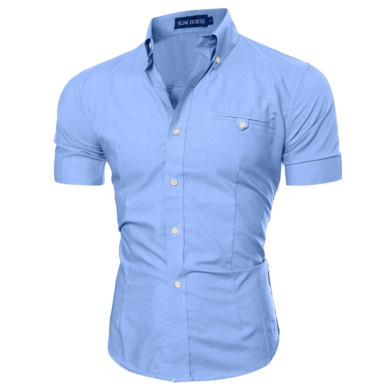 Camisa Social de verano para hombre, camisa de manga corta, Color sólido, ajustada para negocios,: blue / XL