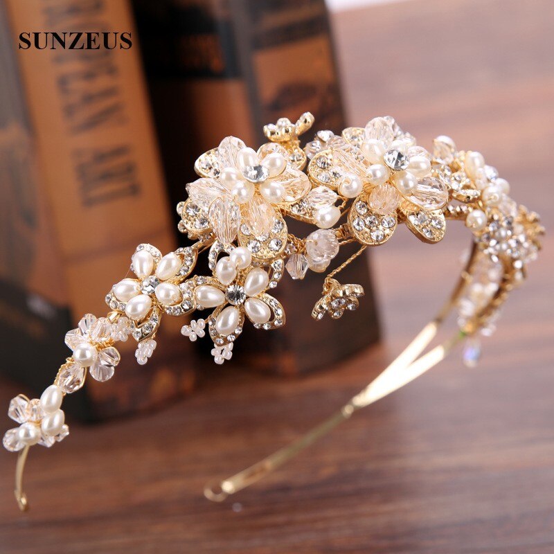 Diadema de novia dorada, corona de flores de cristal para Boda, perlas, Accesorios para novia, Boda SQ0217