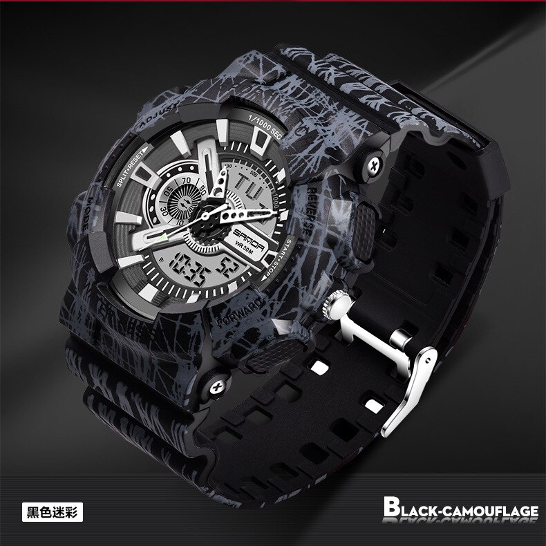 Sanda/799 Camouflage Multifunctionele Lichtgevende Elektronische Horloge Water Sport Horloge Paar Horloge: Black