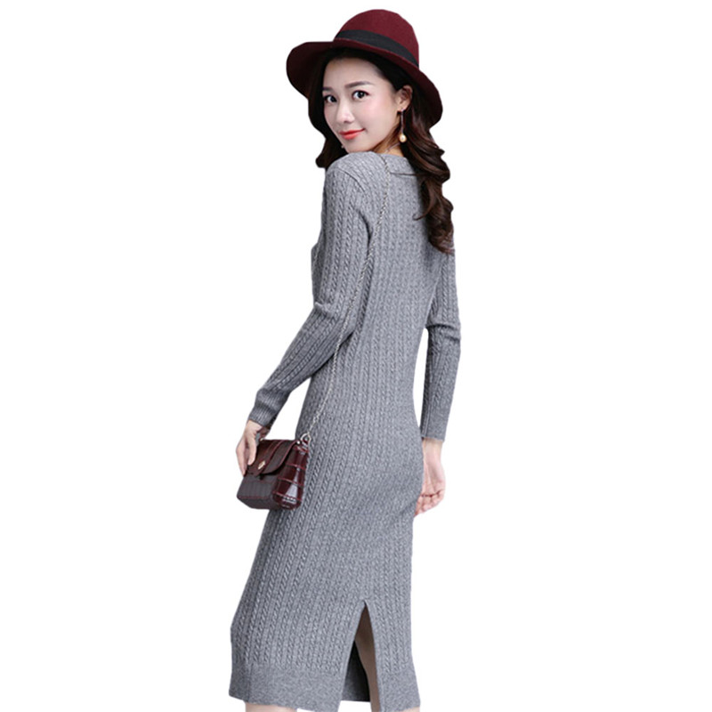 Herfst Winter Lange mouwen Slit Trui Jurk Gebreide Crewneck Overknee Bodycon Jurken