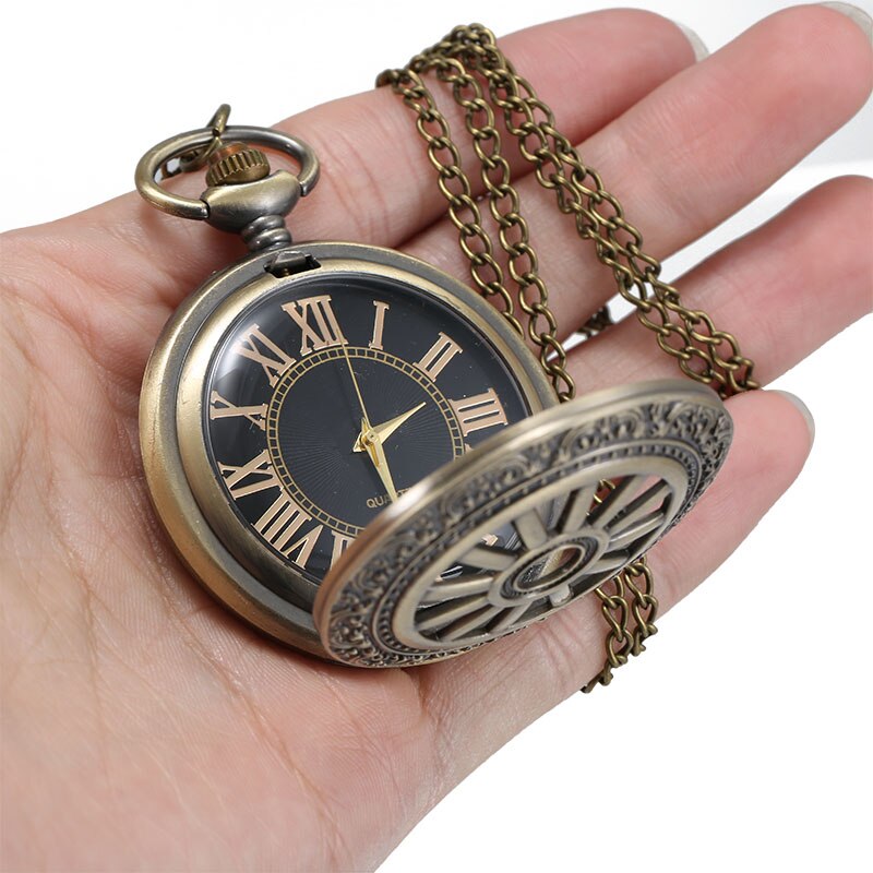 Bronze Quartz Pocket Watch Roman Numerals Dial Hollow Wheel Case with Chain TT@88